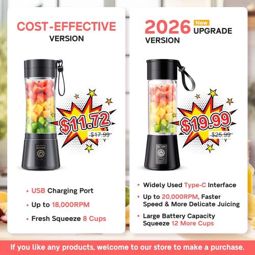 Cordless Portable Personal Size Blender - USB Rechargeable Blender for Smoothies and Shakes, 6 Blades with 380Ml BPA Free Juice Cup, Freshly Squeezed for Picnic/Sports