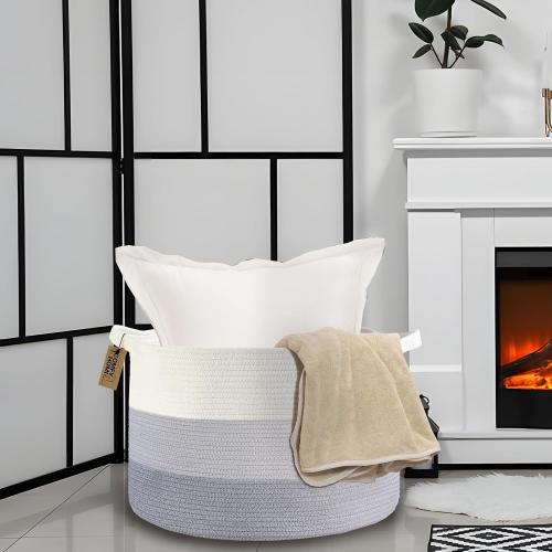White and Grey COMFY-HOMI Laundry Basket, Cotton Rope Nursery Woven Basket for Storage, Blanket Baskets Living Room Laundry Hamper, Dog Toy Storage Organizer, Home Decor-White and Grey