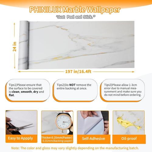 Marble Contact Paper for Countertops Cover - 24x197 Matte White Gold Peel and Stick Wallpaper - Removable Self Adhesive Thick Granite Vinyl Film Roll