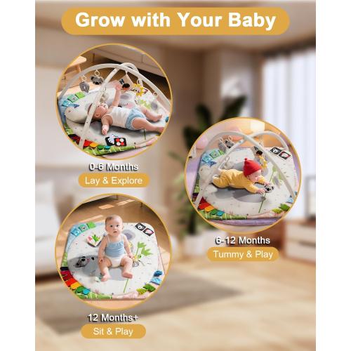 Baby Play Gym with 4 Developmental Zones – Tummy Time Mat & Activity Mat with 6 Sensory Toys, Visual Cards & Pillow – Baby Essentials & Ideal Gift for Newborns