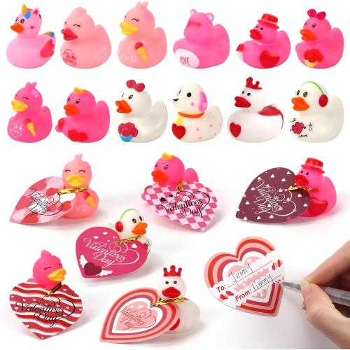 36 Pcs Valentines Day Gifts for Kids Classroom, Mini Valentine Rubber Ducks | Cute Small Duckies with Cards, Pink White in Bulk for Girls Boys Exchange Prizes Bath Toys Party Favors