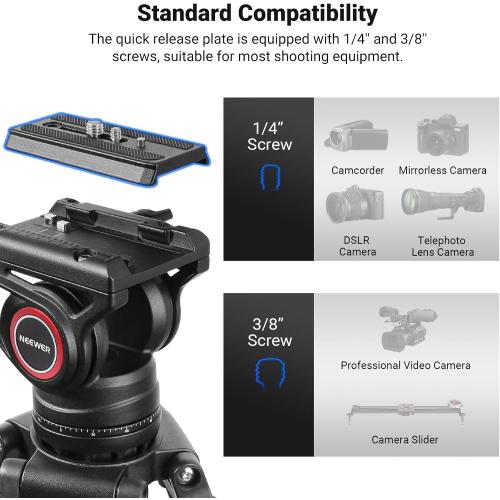 NEEWER 74 Video Tripod with Fluid Head, QR Plate , Aluminum Heavy Duty Camera Tripod Professional for DSLR Cameras Camcorders, Max Load 17.6lb/8kg, TP74