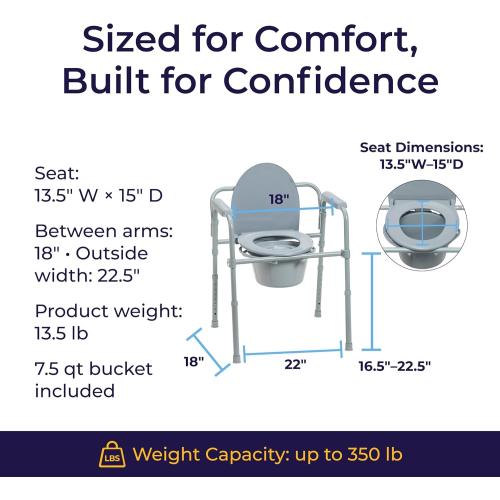 Drive Medical Folding Steel Bedside Commode Chair - Portable 3-in-1 Toilet Solution - Adjustable Height - 7.5 Qt Bucket Included - Durable Powder-Coated Steel Frame - Supports up to 350 Lb
