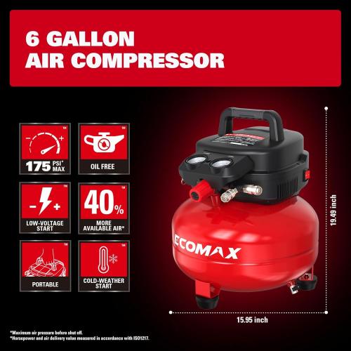 ECOMAX Air Compressor 6 Gallon 175 PSI Pancake Portable Oil-free Tank with 10 PCS Accessories Kit