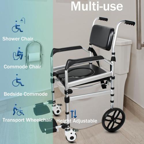 Folding Bedside Commode with Wheels, Padded Shower Chair with Bucket, Rolling Shower Commode Chairs with Soft Backrest, Bedside Commodes for Senior & Handicap