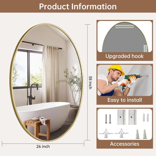 Gold Oval Mirror for Bathroom, 26x38 Inch Oval Bathroom Mirror with Brushed Metal Frame, Wall Mounted Decorative Vanity Mirror for Bathroom, Living Room, Entryway
