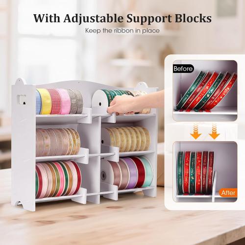 Stackable Small Roll Ribbon Storage Organizer Rack, Wall-Mountable Ribbon Holder Rack for Craft Room, Desktop Ribbon Spool Holder for Ribbons up to 4 in Diameter