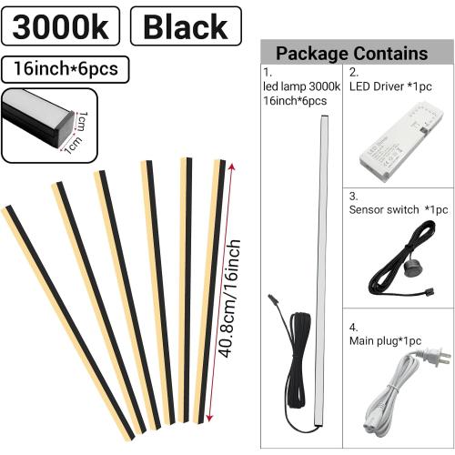 HAMRVL 6pcs 16-Inch DC12V Black 3000K Warm White LED Wall Panel Lights, Self-Adhesive Dimmable Touch Switch Slat Wall Lights Strip for Wood Slat Wall Panels, Media Acoustic Panel, Bedroom Headboard