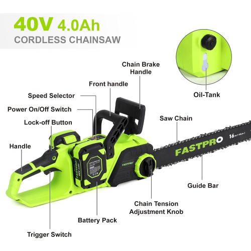 FASTPRO 40V 16-inch Cordless Chainsaw, Brushless Chain Saw Kit with 2 Batteries (4.0Ah) and Charger Base, For Wood Cutting & Trimming