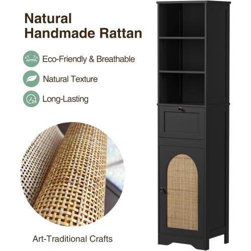 Size 67H Color Black Bathroom Storage Cabinet with Rattan Doors and Slide Storage, Tall Narrow Standing Tower Cabinet with Adjustable Shelves, Small Bathroom Floor Organizer for Entryway, Kitchen, Black