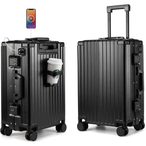 Hard Shell Carry On Luggage 22x14x9 Airline Approved,20 Inch Aluminum Luggage with 100% 3-Layer PC,Carry On Suitcases with Wheels,Cup Holder and USB Port (Classic Black, 20 inch)