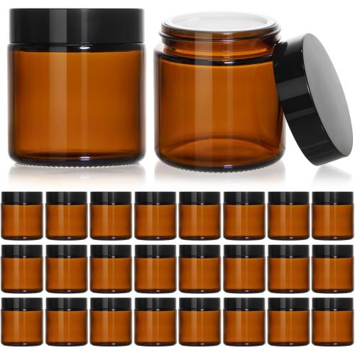 KEYWING 4oz Small Glass Jars with Black Lids, 24 Pack Amber Empty Cosmetic Containers Round Glass Jar with Inner Liners for Lotions, Powders and Ointments