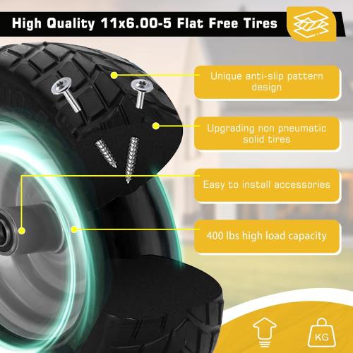 11x6.00-5 Flat Free Tire,2 Pack Tires for Zero Turn Mower With 3/4 & 5/8 & 1/2 Bearing,6-8 Centered Hub,11x6.00-5 Lawn Mower Tires with Bearing,Load 400lbs