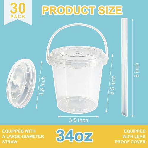 30 Sets 34 oz Drink Buckets with Lids and Straws, Reusable Clear Plastic Party Cups Disposable iced Coffee Cups with lids ,for Iced Smoothies, Milkshakes, lids for Lemonade, Pool and Beach Parties