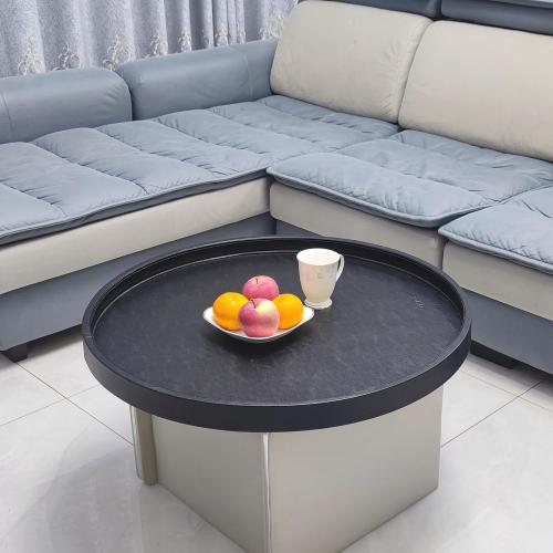 25x25 High-End Light Luxury Leather Round Oversized Tray - Ottoman Coffee Food Serving for Family Dinner, Outdoor Picnic & Party Essentials | Versatile Home Decor Tray(25 inch Black)