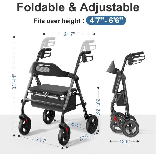 Foldable Rollator Walkers with Seat for Seniors, 8'' Big Wheels, 350 lb. Weight Capacity, Adjustable Handles and Seat Height, Lightweight Rolling Walker, Black