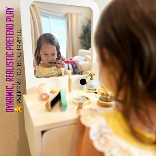 Montessori Mama Makeup and Salon Set - Wooden Pretend Play Beauty Play Makeup Kit with Styling Tools and Cosmetics - Pretend Makeup for Toddlers for 4 Year Old Girl
