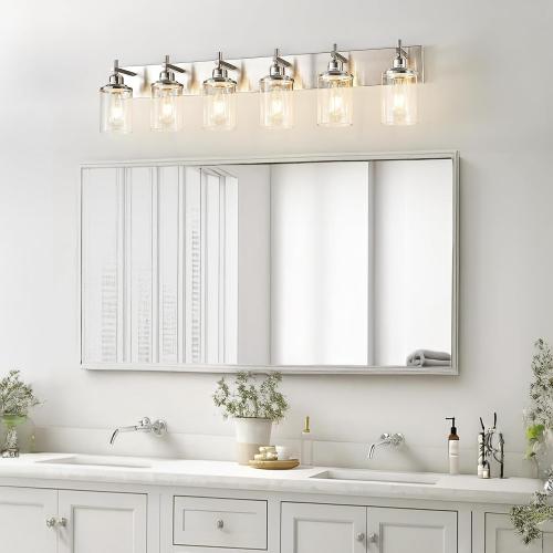 6-Light Brushed Nickel Bathroom Light Fixture Over Mirror Modern Bathroom Vanity Light Vintage Wall Lighting with Clear Glass Shade for Bathroom, Bedroom, Hallway, Cabinet