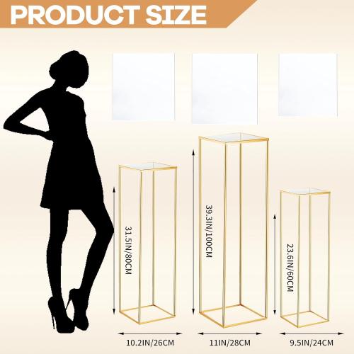 3pcs Gold Metal Plant Stand, Cylinder Pedestal Stands for Parties, Metal Plant Columns Pedestal Stands for Display, Square Cylinder Columns tables for Weddings Cake Stand Floor Plant Tables