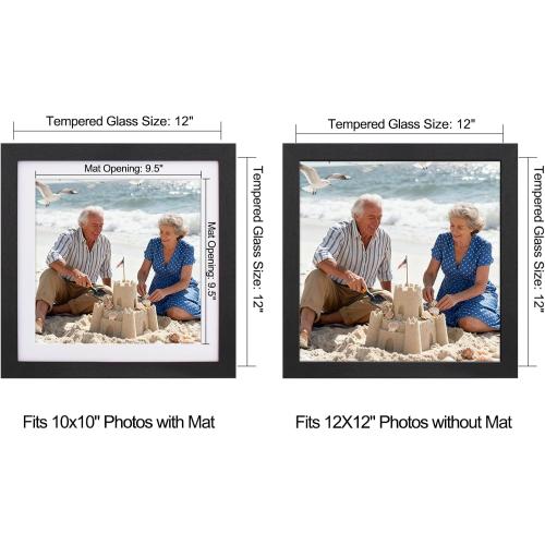 Boarding 12x12 Wood Picture Frame with Shatter-Resistant Glass, Black Square Frame with Engineered Wood for 10x10 with Mat or 12x12 Without-Sylvan Collection for Wall Display