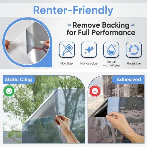 SUNBABY One Way Privacy Film Heat & UV Blocking, Static Cling No Glue Renter Friendly Cover for Home Bedroom, Office & Sliding Glass Door, 35.4 x 78.7 Inch with 3 Tools, Silver
