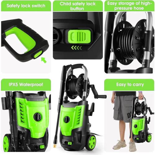 4800PSI Electric Pressure Washer- 3.8GPM High Power Washer with 33FT Hose Reel, 4 Spray Tips and Soap Bottle for Car Washing, Fence Cleaning, Patio Maintenance（Upgraded） (Green)