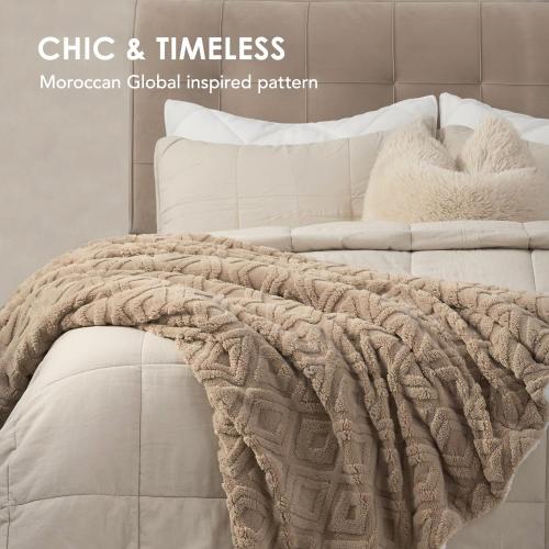 EVERGRACE Jacquard Boho Sherpa Fleece Throw Blanket for Couch, Super Soft Cozy Fuzzy Plush Blankets for Winter, Reversible Thick Warm Blanket for Bed, Sofa, Living Room, Khaki Tan, 60 x 80