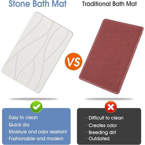 Stone Bath Mat Diatomaceous Earth Shower Mat Non-Slip Super Absorbent Diatomite Stone Bath Mats for Bathroom Floor Quick Drying Natural Easy to Clean(23.6''×15.4 White)