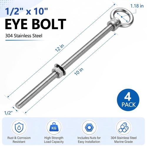 Stainless Steel Eye Bolts with Nuts, 1/2 X 10