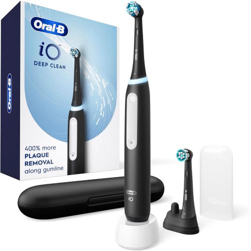 Black Oral-B iO Deep Clean Rechargeable Electric Powered Toothbrush, Black with iO Series 3 Limited, 2 Brush Heads and Travel Case - Pressure Sensor to Protect Gums - 3 Cleaning Settings - 2 Minute Timer