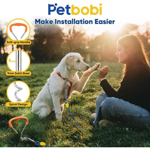 Petbobi Dog Tie-Out Cable and Stake - 30ft Heavy Duty Cable with Spring, No Tangle, 16in Ground Stake, Ideal for Yard, Camping and Beach, Suitable for Small Medium Large Dogs Up to 120 lbs, Blue