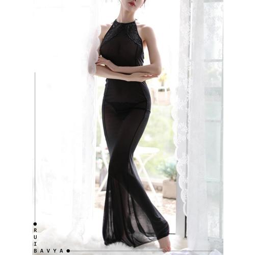 size M- Sexy Night Gowns for Women Lace Hanging Neck Lingerie Sheer Dress Long Nightgown Mesh Sleeveless Nightgowns Black