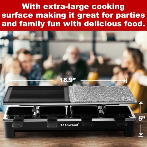 Raclette Table Grill, Techwood Electric Indoor Grill Korean BBQ Grill, Removable 2-in-1 Non-Stick Grill Plate, 1500W Fast Heating with 8 Cheese Melt Pans, Ideal for Parties and Family Fun
