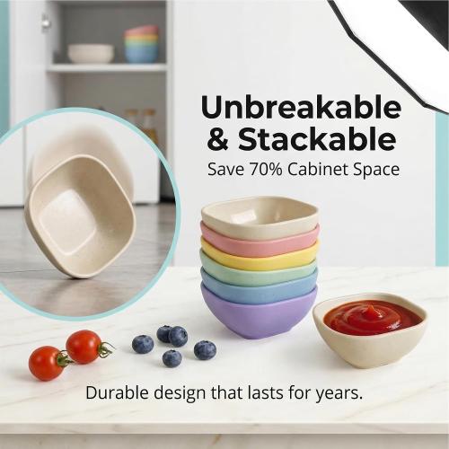 SHECIPIN 6 Pack Small Plastic Bowls 4.5 OZ Unbreakable Wheat Straw Dipping Bowls，plastic ramekins, Assorted Colors Dipping Sauce Cups, dip cups， Dessert, Ketchup