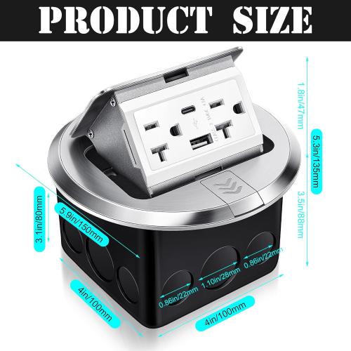 Hoolerry 1 Pack Round Pop up Floor Electrical Outlet Cover Kit with 4.8a USB Charger 20amp Waterproof Tamper Resistant Tr Receptacle Outlet Box for Countertop Home(Silver)