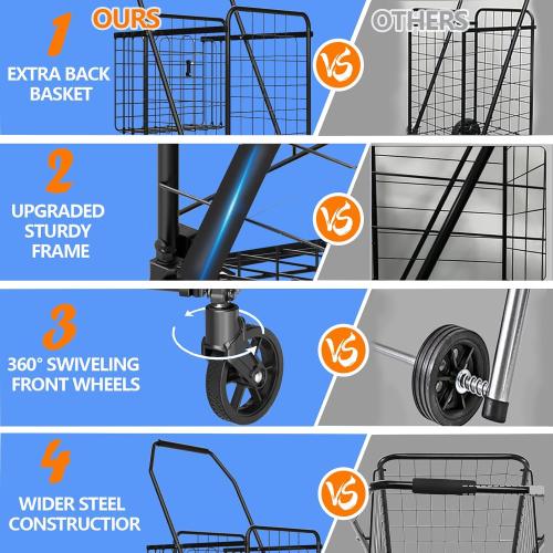Folding Shopping Cart with Waterproof Liner & 360° Swivel Wheels | Collapsible Grocery Cart for Easy Transport, Ideal for Laundry, Shopping, and Travel – 132 LBS Capacity