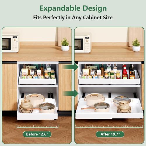 Pull Out Drawers Organizer for Kitchen Cabinets, 21 Deep, Expandable Cabinet Drawers Slide Out with Adhesive, Adjustable Deep Roll Out Cabinet Shelves for Pantry Pots Pans (White-1 Pack)