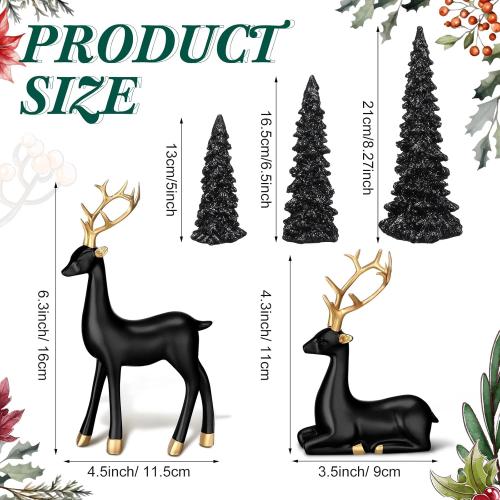 Pinkunn 5 Pcs Reindeer Christmas Decor and Trees Christmas Resin Sitting Standing Lucky Deer Reindeer Figurines for Tabletop Indoor Home Decorations Mantle Cabinet Desktop Office(Black)