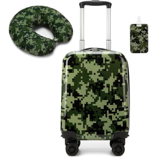 Size 16 Set of 2 Color Green Kid's Luggage Set 2 Piece Suitcase Set 16 Hardside Luggage with Spinner Wheels Girls Carry on Toddler Travel Rolling Suitcase with Neck Pillow Airline Approved