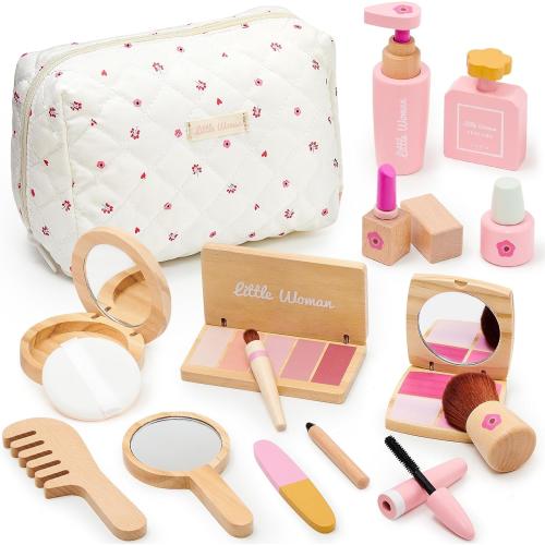 Lonico Wooden Makeup Toy Set for Girls Pretend Play Makeup Kit for Toddlers 3-5 with Eyeshadow/ Mascara/ Perfume/ Blush/ Mirror/ Bag, Birthday Gifts for Girls Toys Kids Aged 3 4 5 6 7 8