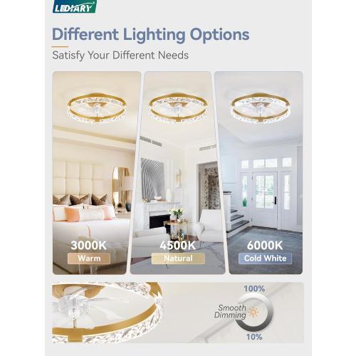 LEDIARY 20 Inch Low Profile Ceiling Fans with Lights and Remote, Fandelier Ceiling Fan Flush Mount, 3000K-6000K Dimmable LED Fan Light, Gold Modern Ceiling Fans with Lights for Bedroom