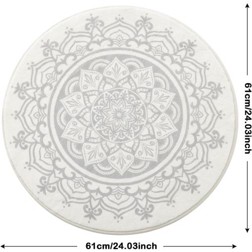 Carvapet 2' Small Round Area Rug Chic Boho Mandala Print Circle Rugs Non Slip Machine Washable Floor Mat Soft Throw Rug for Powder Room Entryway Bathroom Nursery Bedside Floor Decor Ivory Grey