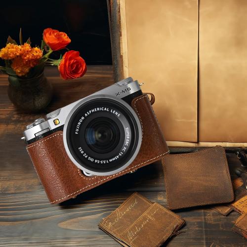 VOVMOEYA Protective Camera Case for Fujifilm XM5 Mirrorless Camera,Fuji X-M5 Camera Case Fuji XM5 Half Case With Front Cover With Shoulder Strap Full Protection Snap Button-COFFEE