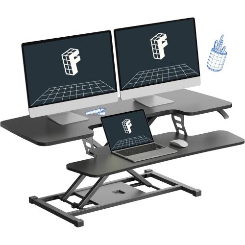 FLEXISPOT Standing Desk Converter 42-inch Spacious Sit to Stand up Dual Monitor and Laptop Riser, Big Size Tabletop Workstation with Large Keyboard Tray, Black
