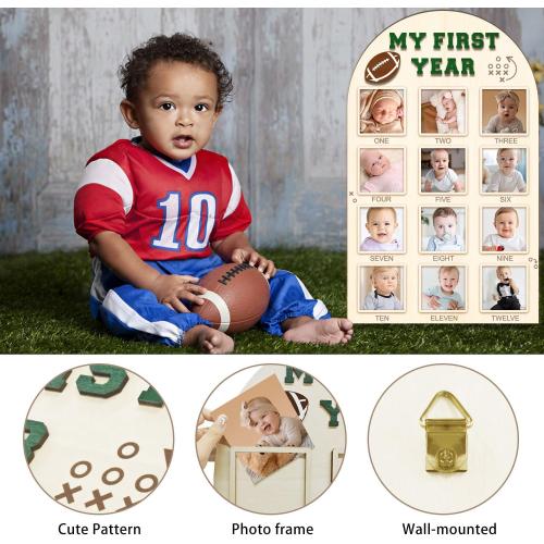 Partico My First Year Photo Board - Baby's First Year Photo Frame 12 Months Milestone Board Football Photo Display Wood Board 1st Birthday Picture Frame Decorations (fits 4 x 4 photo)