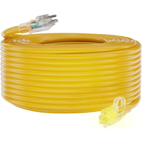 HUANCHAIN 12/3 Gauge Heavy Duty Outdoor Extension Cord 100 ft Waterproof with Lighted end, Flexible Cold-Resistant 3 Prong Electric Cord Outside, 15Amp 1875W 12AWG SJTW, Yellow, ETL