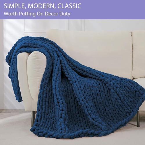 Bigacogo Chunky Knit Throw Blanket for Couch, 40x40 inches, 100% Hand Knitted with Thick Jumbo Chenille Yarn, Cozy Soft Large Rope Knot Cable Crochet Blankets for Sofa Bed Living Room, Navy Blue
