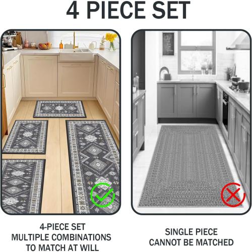 Boho Kitchen Rugs Sets 4 Piece with Runner Floral Kitchen Floor Mat Carpet Farmhouse Kitchen Rugs and Mats Non Skid Washable Runner Rug for Kitchen Floor Sink