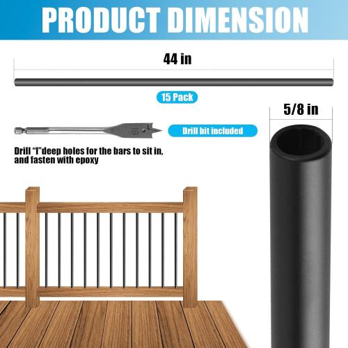 Iron Stair Balusters 5/8 Round 44 Long - 15-Pack Hollow Wrought Iron Plain Spindles for Classic Indoor Staircases，Satin Black