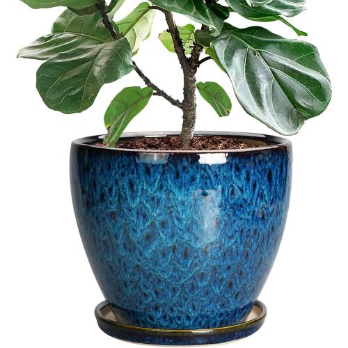 10 Inch Ceramic Planter Pot Round Plant Pot for Indoor Plants Outdoor Large Flower Pot with Drainage Hole and Saucer Blue